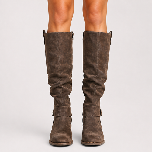 Women’s Knee-High Boots with Low Heel and Side Detail Brown