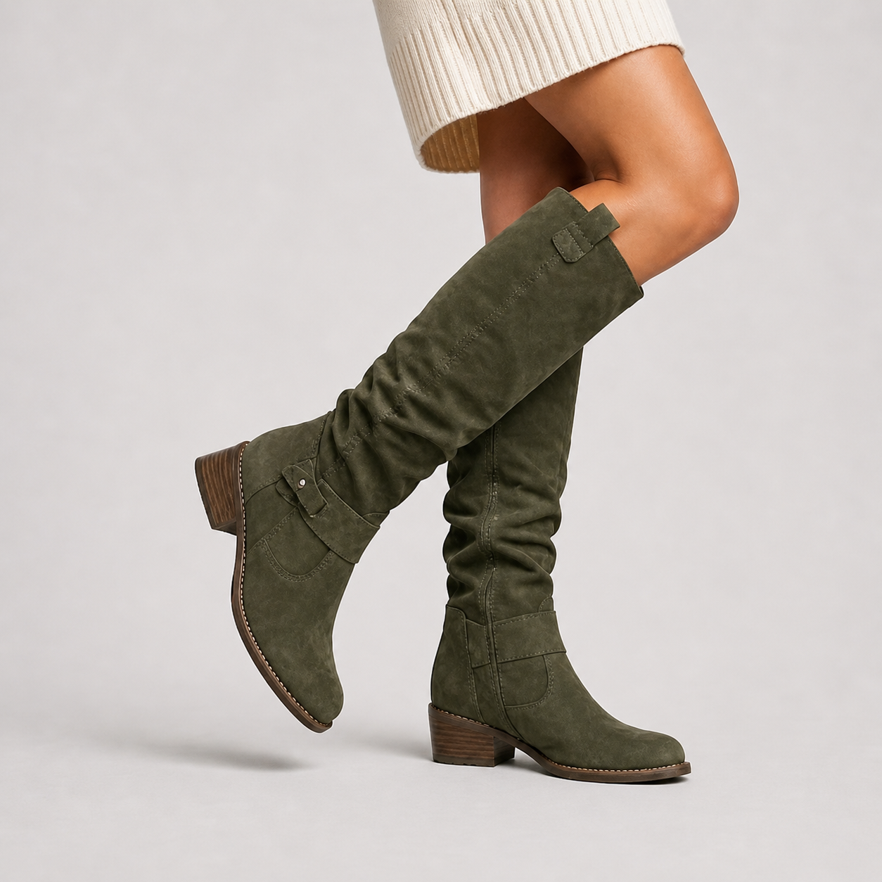 Women’s Knee-High Boots with Low Heel and Side Detail Green