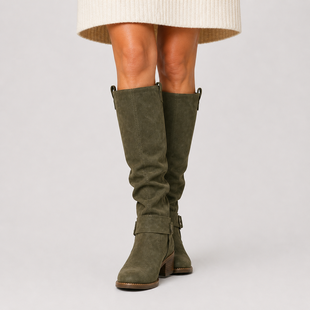 Women’s Knee-High Boots with Low Heel and Side Detail Green