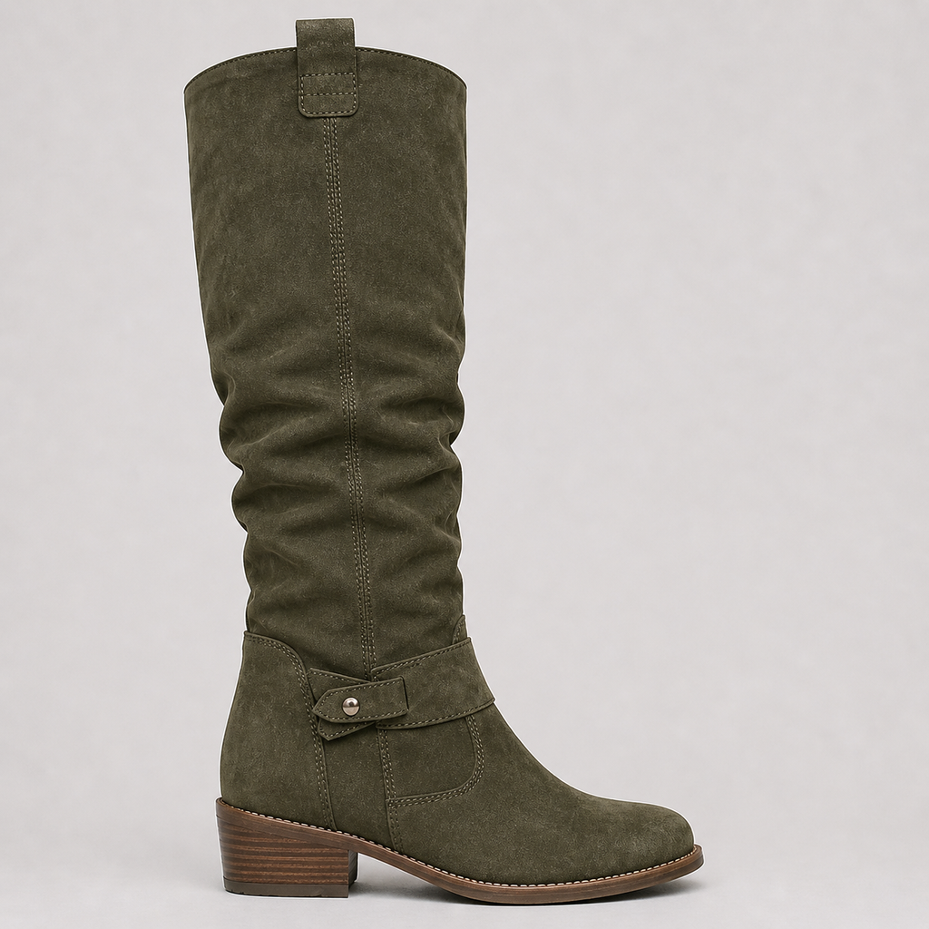 Women’s Knee-High Boots with Low Heel and Side Detail Green