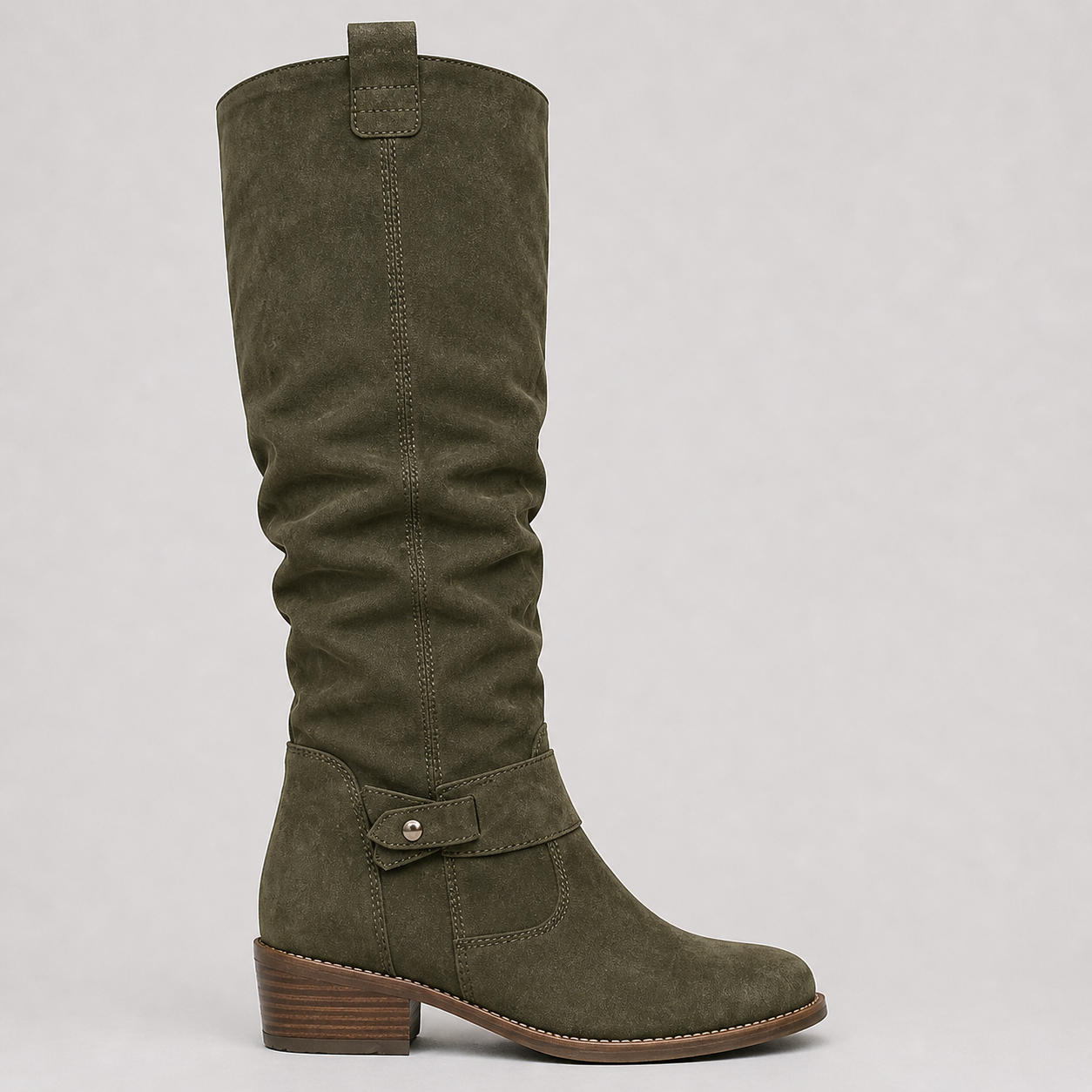 Women’s Knee-High Boots with Low Heel and Side Detail Green
