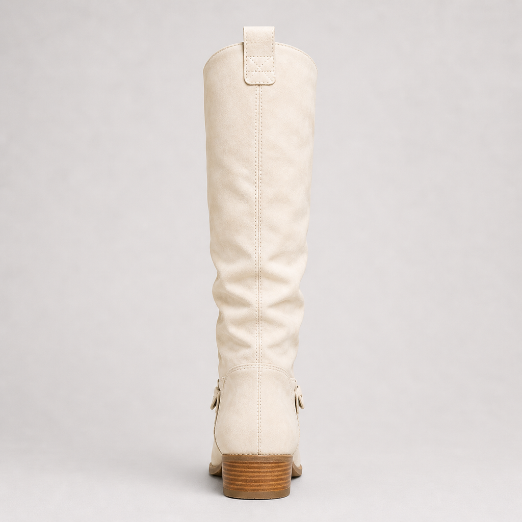 Women’s Knee-High Boots with Low Heel and Side Detail White
