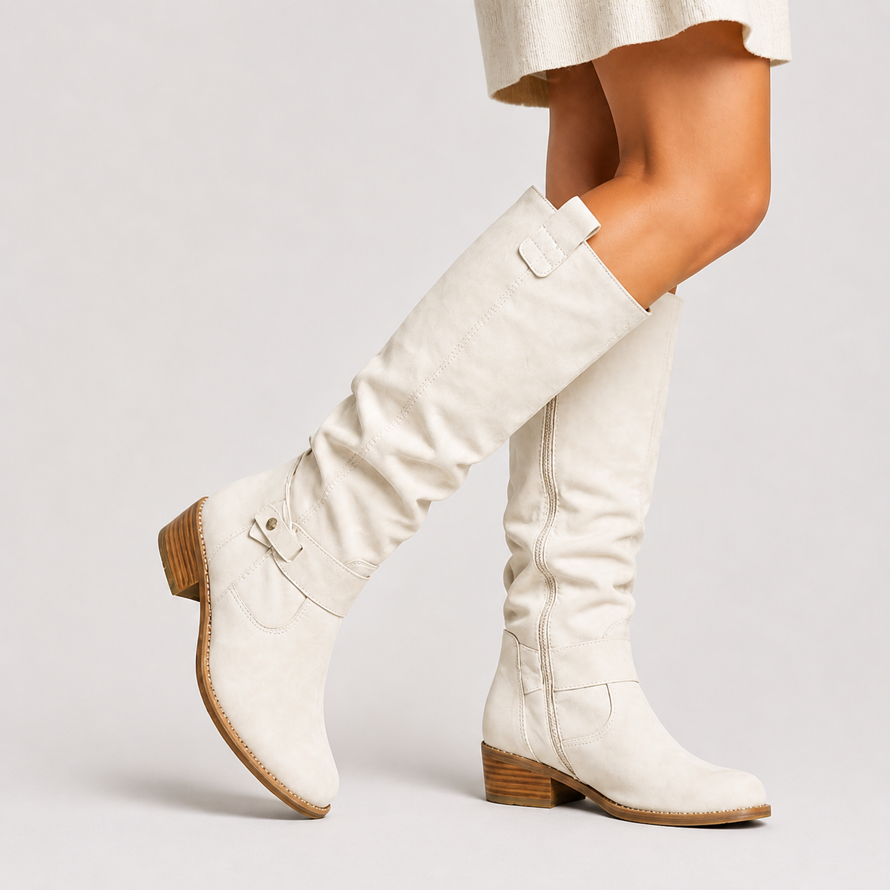 Women’s Knee-High Boots with Low Heel and Side Detail White