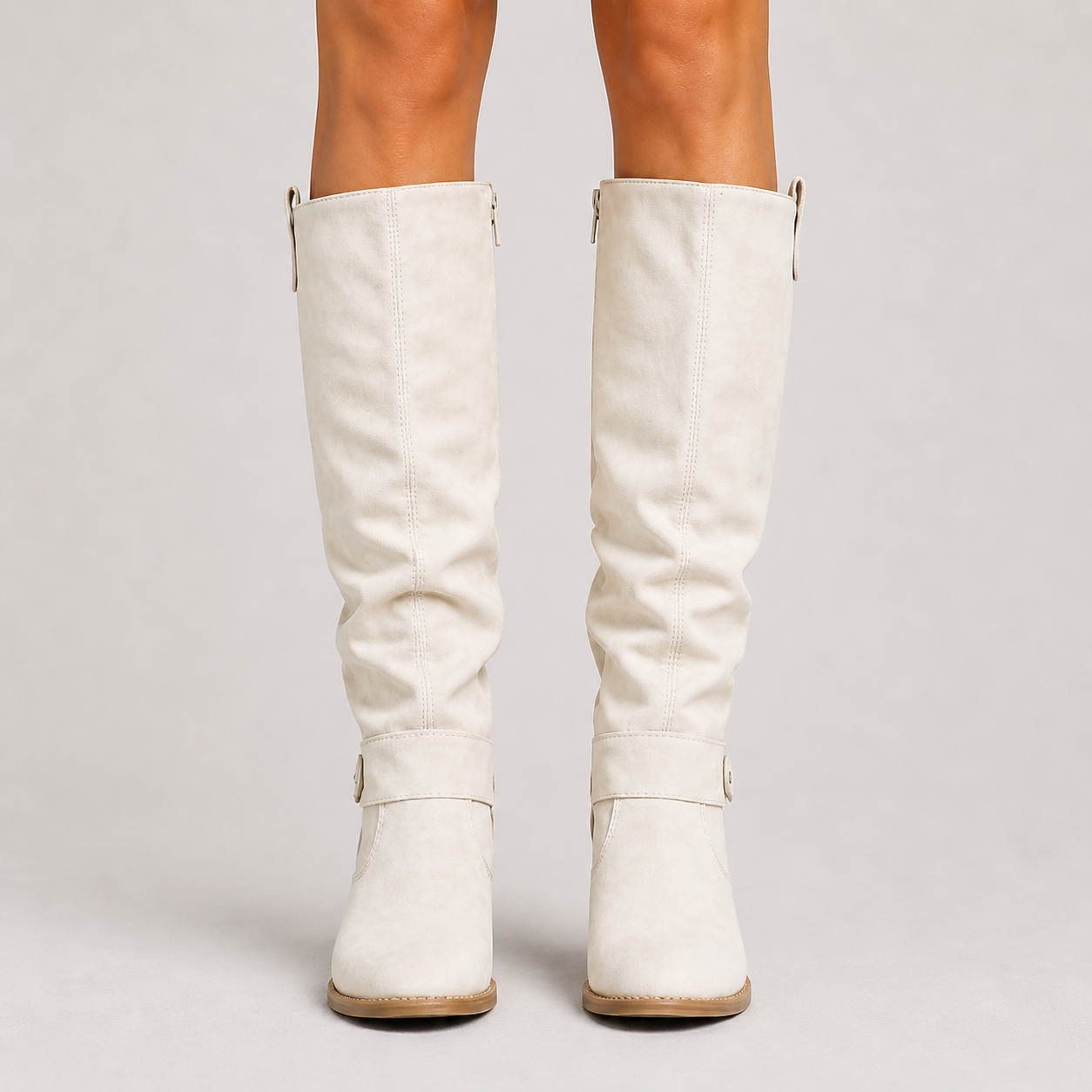 Women’s Knee-High Boots with Low Heel and Side Detail White