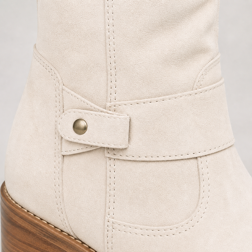 Women’s Knee-High Boots with Low Heel and Side Detail White