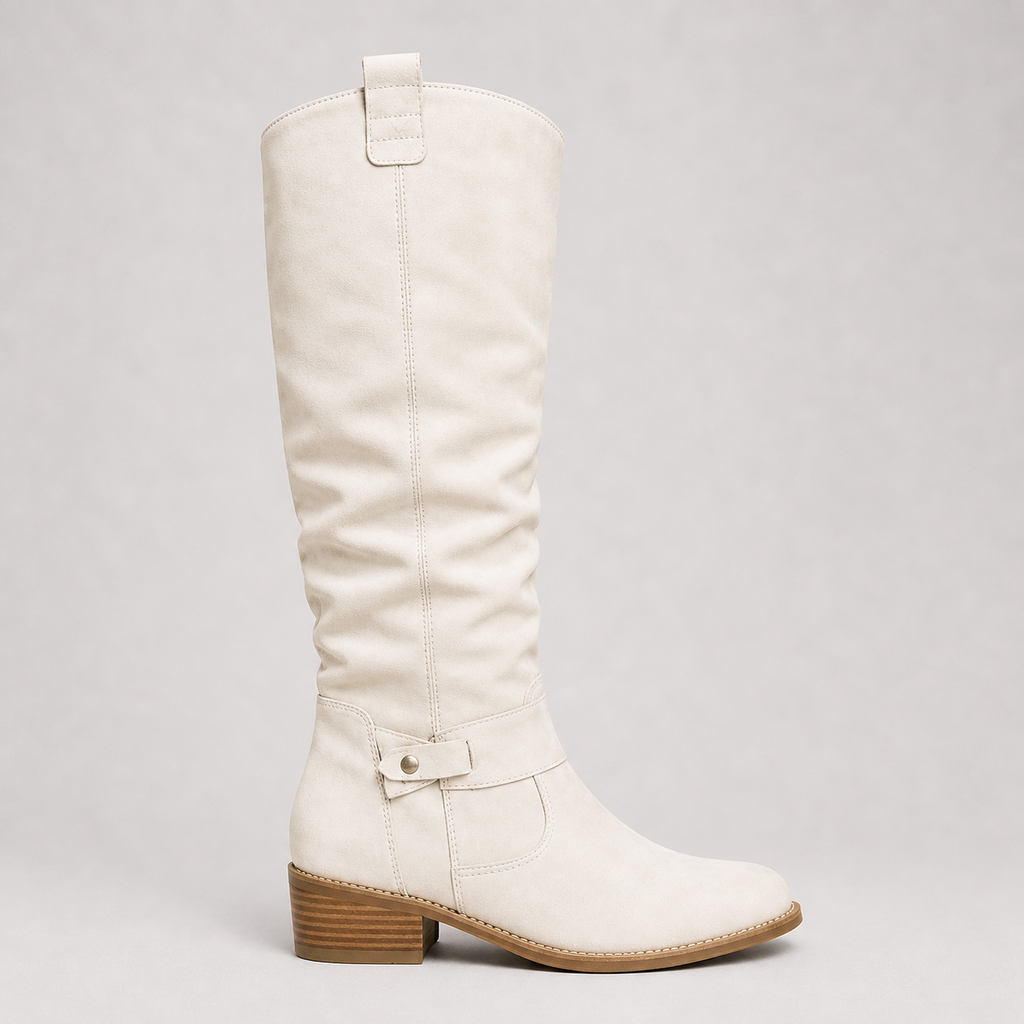 Women’s Knee-High Boots with Low Heel and Side Detail White